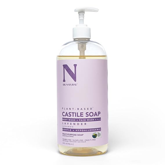 Dr. Natural Castile Liquid Soap - Multi-Use Body Wash, Shampoo and Face Wash - Hydrating Body Soap for Skin, Hair, Pets and Home - Lavender - 32 oz