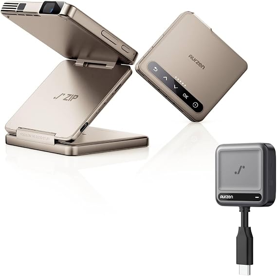 Aurzen ZIP Tri-Fold DLP Mini Projector + CastPlay Pro Dongle, Zero-Lag Focus, Screen Mirroring,Full-Screen Mode,Type-C Fast Charging,5000mAh Battery,Bluetooth,Portable Projector for Cookie, Art,Gold