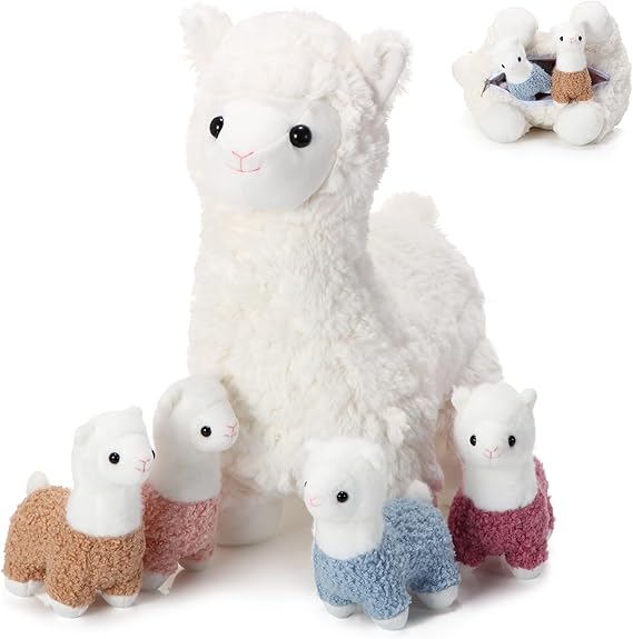 Lenwen 5 Pcs Llama Stuffed Animal Llama with Babies 14 Inch Mommy Alpaca with 4 Cute Plush Babies in Her Belly Soft Cuddly Plushie for Toddler Boy Girl Birthday Baby Shower Party Favors