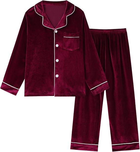Weixinbuy Girls Velvet Pajamas Set Long Sleeve Solid Laple Pajama Button-Up Sleepwear 4-14Y Kids Fall Winter Clothes Outfits