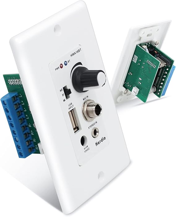 Herdio Bluetooth Wall Amplifier 4 Channels Volume Control Wall Plate USB/MIC/AUX(3.5mm) Inputs Connect 4 Speakers with 12V 3A Power Supply,HWA-16BT-4CH