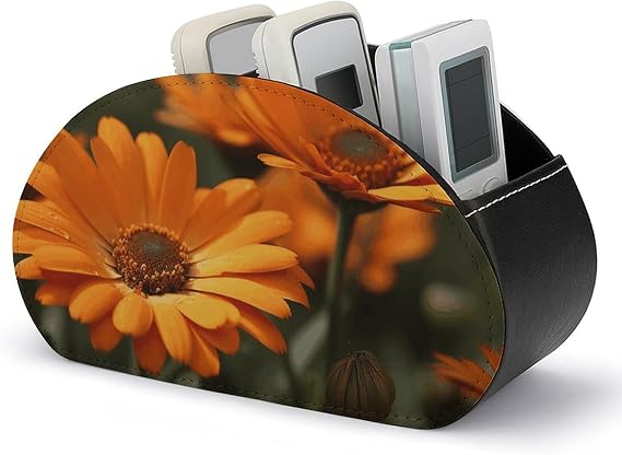 Pu Leather Remote Control Holders Waterproof TV Remote Holder with 5 Compartments Orange Flowers Remote Caddy Box Desktop Storage Organizers for TV Remotes/Media Controllers/Office Supplies