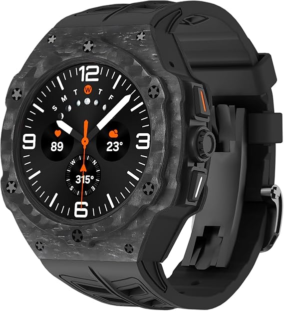 Luxury Carbon Fiber Case Band for Samsung Galaxy Watch Ultra 47mm, Rugged Military Protective Face Cover with Tactical FKM Strap for S7 Men