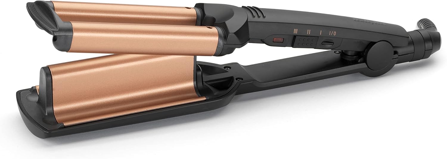 BaByliss Deep Waves Hair Waver – Ceramic Coated Barrel, 3 Heat Settings 160°C-200°C, Frizz-Free Mermaid & Beach Waves, Fast Heat-Up – Black & Gold, 2447CU