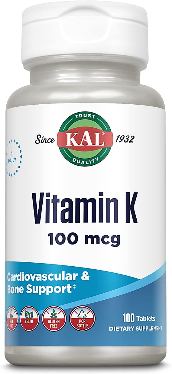 Kal 100 Mcg K1 Tablets, 100 Count | Vitamin K Supplement for Women and Men, Vegan & Gluten Free, Non GMO, Daily Oral Tablets