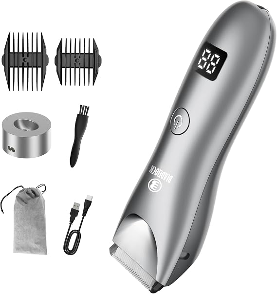 Men Body Hair Trimmer Electric Hair Trimmer Ball Trimmer with Ceramic Blade Waterproof Pubic Groin Hair Trimmer Grooming Kit with LCD Display & Charging Dock Gray