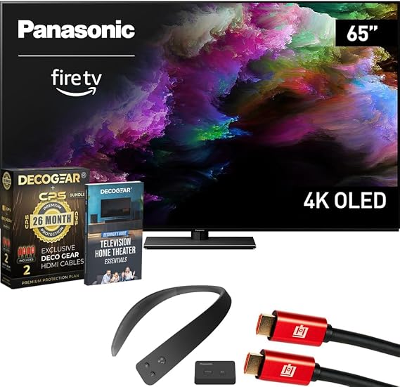 Panasonic TV-65Z85AP Z85 65" OLED 4K UHD Smart Fire TV (2024) Bundle with WN10 Neck Speaker, CPS Exclusive 26 Month Protection, 2X HDMI Cable & Deco Gear Complete Home Theater Beginner's Guidebook