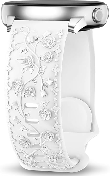 Floral Engraved Band Compatible with Samsung Galaxy Watch 7 6 5 4 Band 40mm 44mm, Galaxy Watch 5 Pro 45mm/Watch 6 4 42mm 46mm 43mm, Galaxy Active 2,20mm Soft Silicone Replacement Sport Strap for Women