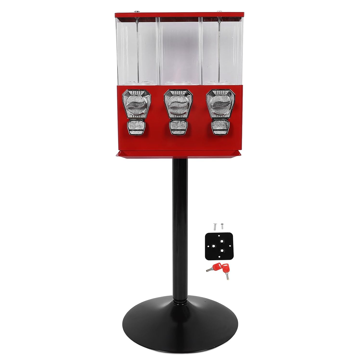 Commercial Vending Machine, Triple Compartment Candy Dispenser with Iron Stand, Gumball and Candy Machine for Business, Operated for Toy Capsules Bouncy Balls Candy Nut, Red