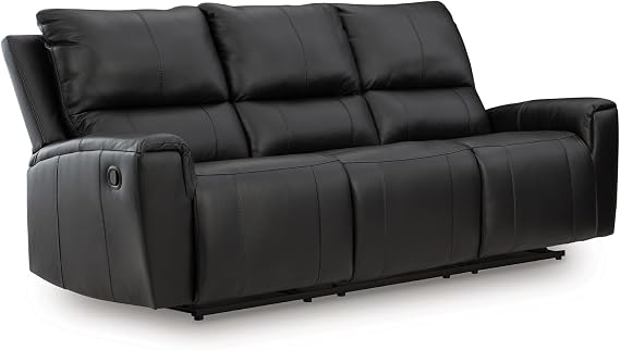 Signature Design by Ashley Glassmere 3-Seat Leather Reclining Sofa, Black | 100% top grain leather contact areas, Matching faux leather sides, 3-seat sofa design, Contemporary living room style