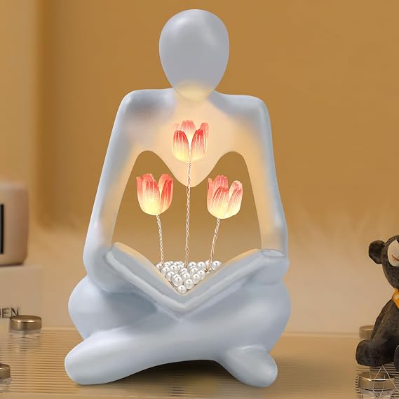 White Elephant Christmas Gifts for Adults,Tulip Night Light Sculpture for Bookshelf Library Decor, Modern Resin Thinker Statues Aesthetic Minimalist Shelf Decor for Home Living Room Bedroom Office