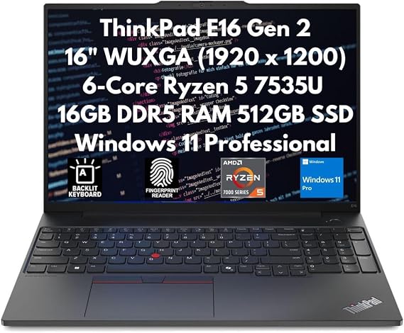 ThinkPad E16 Gen 2 Business Laptop, 16" WUXGA (1920 x 1200), AMD 6-Core Ryzen 5 7535U, 16GB DDR5 RAM, 512GB SSD, Fingerprint Reader, Backlit Keyboard, WiFi 6, Ethernet, Webcam, Copilot Windows 11 Pro