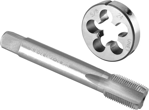 Burkit 5/8"-24 UNEF Tap and Die Set Right Hand | 5/8 x 24 UNEF Machine Thread Tap and Round Die, Used for Cutting or Repairing Threads on Metal.