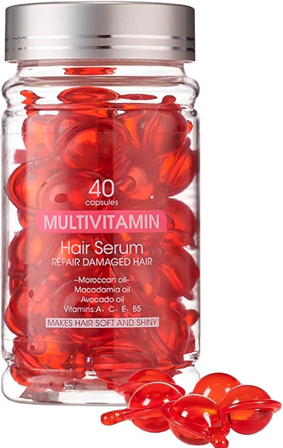 Multivitamin Hair Serum Capsules, Repair Damaged Hair, Make Hair Soft and Shiny, with Macadamia Oil, Avocado Oil, Vitamins A, C, E & B5, 40 Capsules/Bottle