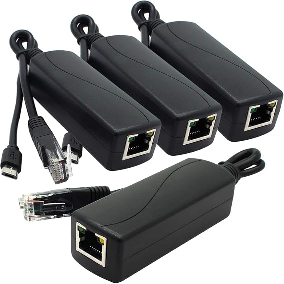 ANVISION 4-Pack Gigabit PoE Splitter, 48V to 5V 2.4A Micro USB Ethernet Adapter, Compatible with Raspberry Pi 3B+, IP Camera and More