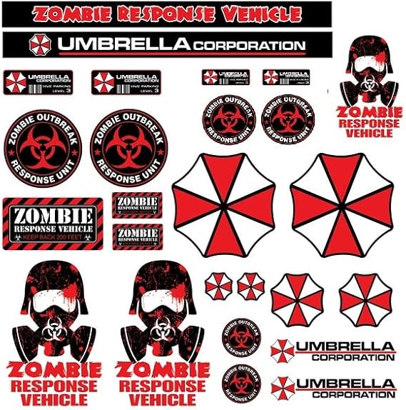 1 PCS 16 Inch Umbrella Corporation Zombie Sticker Sheet Resident Evil Vinyl Decal for RC Car, Bike, Helmet, Toolbox Raccoon City, Umbrella Corp, Infected Quarantine Warning Design