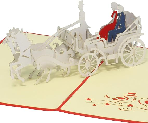 3D Greeting Card for Wedding, Wedding Invitation, Congratulations, Love, Romance, Thank You Note, Bride and Groom in Wedding Carriage, N84