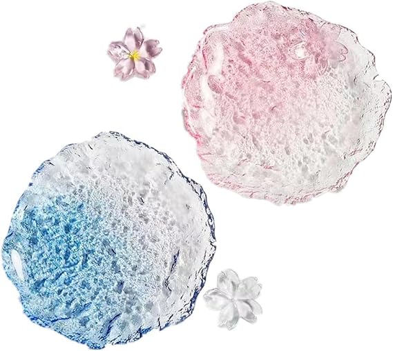Crystal Glass Dessert Plates, Pink & Blue Clear Flower Snack Plate, 6 Inch Canape Plates for Appetizer, Ice Cream, Fruit, Salad Cake, Set of 2 Clear Glass Tableware, For Afternoon Tea, Wedding, Party