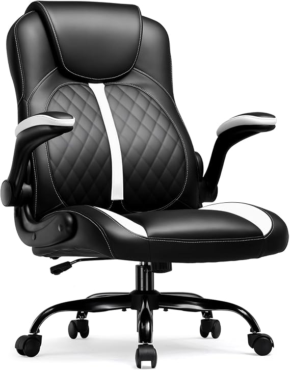 COMHOMA Office Computer Gaming Chair Ergonomic Desk Chair for Adults with Lumbar Support Flip-Up Arms Adjustable Height Swivel Wheels PU Leather Executive Design for Short People Use, White