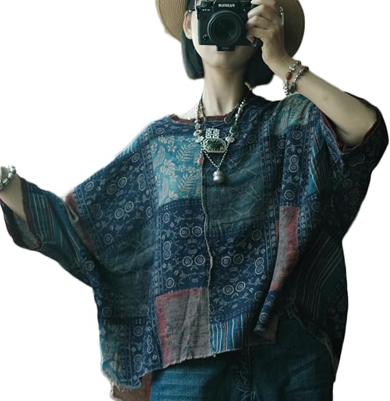 NFYM Women Hippie Clothes Distressed Hem Round Neck Flower Printed Pullover Tee Tops Vintage Blouse
