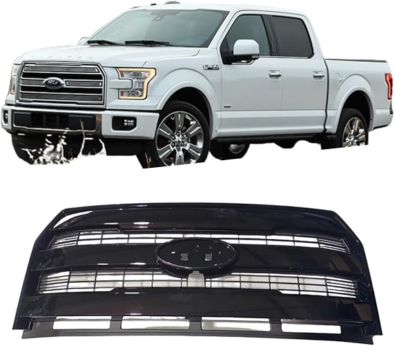 Front Upper Grill Grille Replacement Compatible with 2015-2017 Ford F150 F-150, Glossy Black