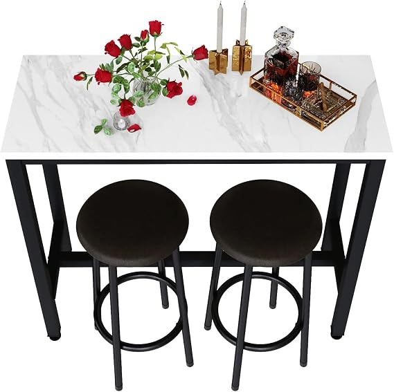 Recaceik 3 Piece Pub Dining Set, Modern Bar Table and Stools for 2 Kitchen Counter Height Marble Top Bistro Easy Assemble for Breakfast Nook Living Room Small Space Restaurant