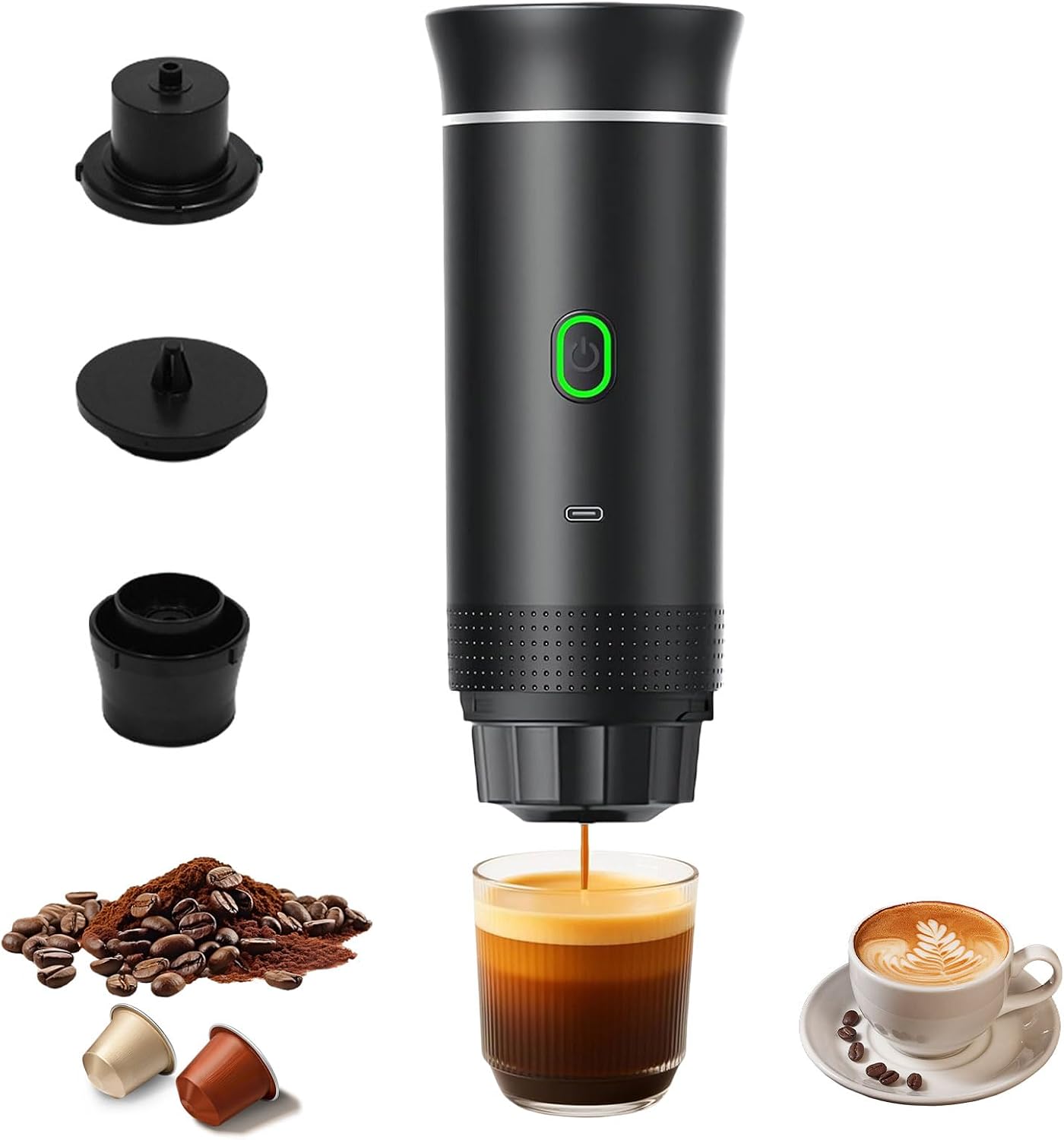 Portable Coffee Maker, Espresso Coffee Machine Electric Travel Coffee Maker, Capsule Coffee Maker Self-Heating & USB-C,Compatible with Ground Coffee & Big Capsule,Small Capsule for RV, Hiking,Office