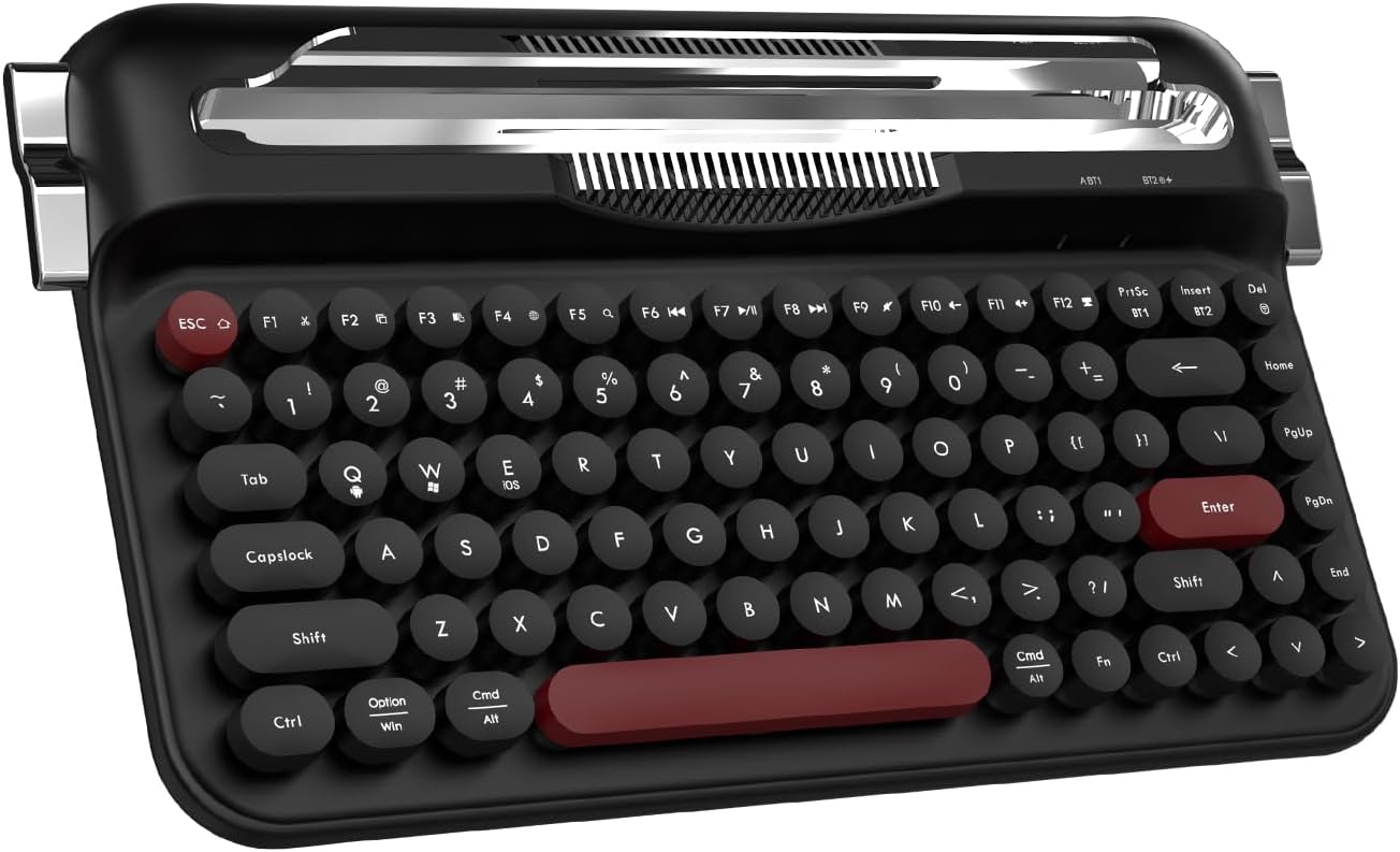 Coverzone Kablosuz Bluetooth & 2.4G Çift Modlu Retro Daktilo Tasarımlı Klavye – Yuvarlak Tuşlu, Tablet & Telefon Standlı, Ergonomik, Taşınabilir, Pille Çalışan, Sessiz ve Konforlu AJAZZ AF84 Siyah