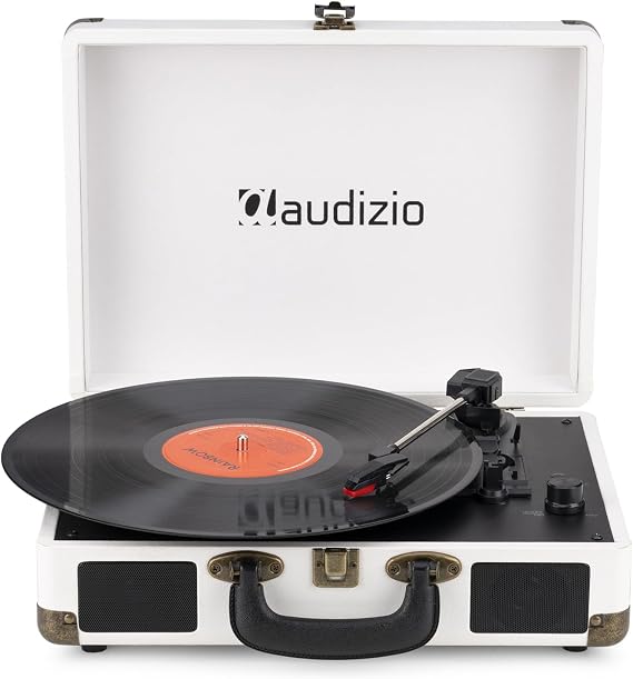 Audizio RP116CR Briefcase Record Player - Retro Vinyl Turntable with Bluetooth In/Out, Built-in Stereo Speakers, USB PC Encoding, 3-Speed, Portable Cream Design | Built-in two-way Bluetooth and USB, transmission strap, stereo sound, for analog sound lovers