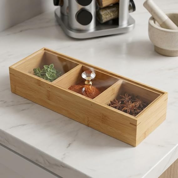 Deconox Bambu 3 Bölmeli Kristal Kapaklı Sunumluk, Kuru Meyve, Kuru Yemiş ve Drajeleriniz İçin 3 Bölmeli Dikdörtgen Sunum Tepsisi ve Tabağı 30cm*10cm*6,5cm