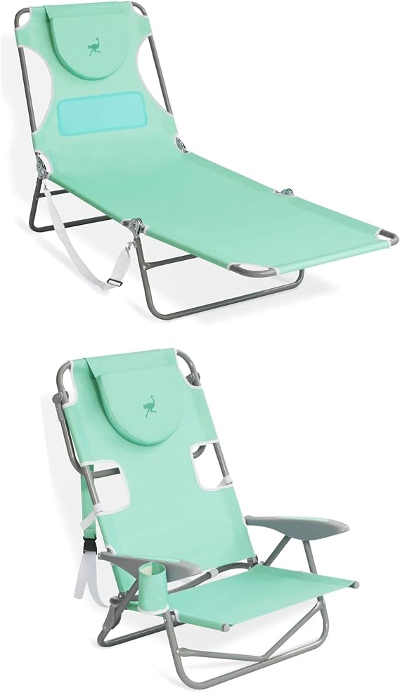 Ostrich Chaise Lounge Folding Sunbathing Poolside Beach Chair with On-Your-Back Reclining Outdoor Beach Camping Lawn Chair, Teal