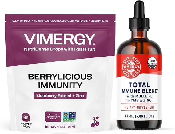 VIMERGY NutriDense Elderberry + Zinc Berrylicious Immunity* Chewables (60 Count) & USDA Organic Total Immune Blend* Liquid Supplement (115 mL)