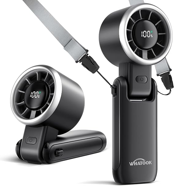 WHATOOK Portable Handheld Turbo Fan: 12m/s Strong Wind 15000RPM High Speed Mini Fan, 4000mAh Battery Rechargeable Personal Fan with LED Display, 3 in 1 Foldable Fan for Tech Gift, (Black)
