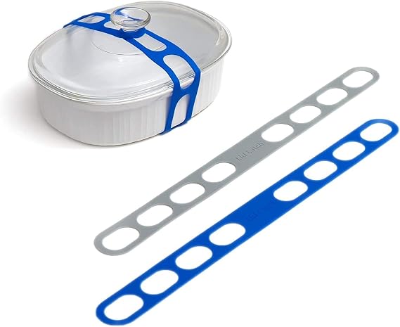 Lid Latch the reusable universal lid securing strap for crockpots, casserole dishes, pots, pans and more. Make it easy to transport your favorite dishes with one simple strap. (Polybag Blue/Grey)