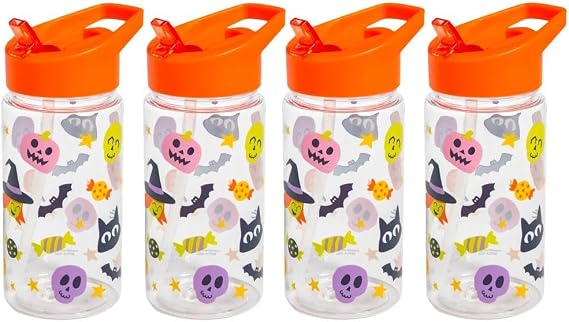 6" 12 oz. Halloween Frightfully Fun Plastic Flip-Top Water Bottles 4 Pc.