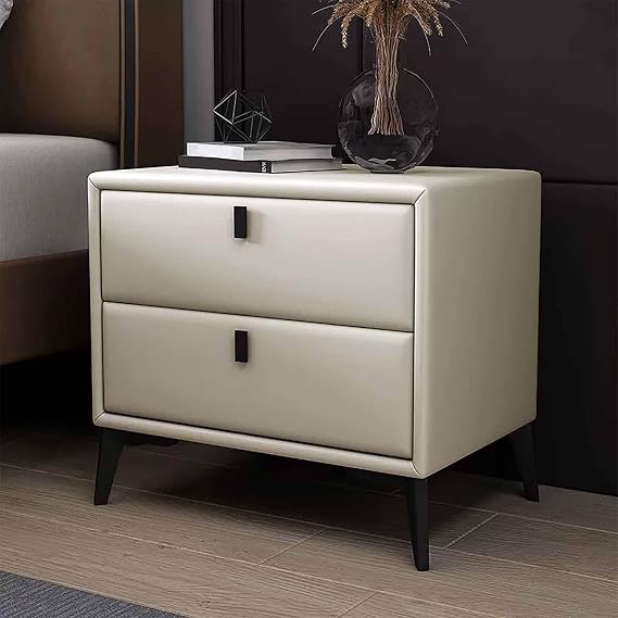 Bedroom Nightstand with 2 Drawers, Solid Wood Bedside Table, Nightstand End Sofa Side Table, All Solid Wood Frame and 2-Layer Storage Space Design for Bedroom,Beige