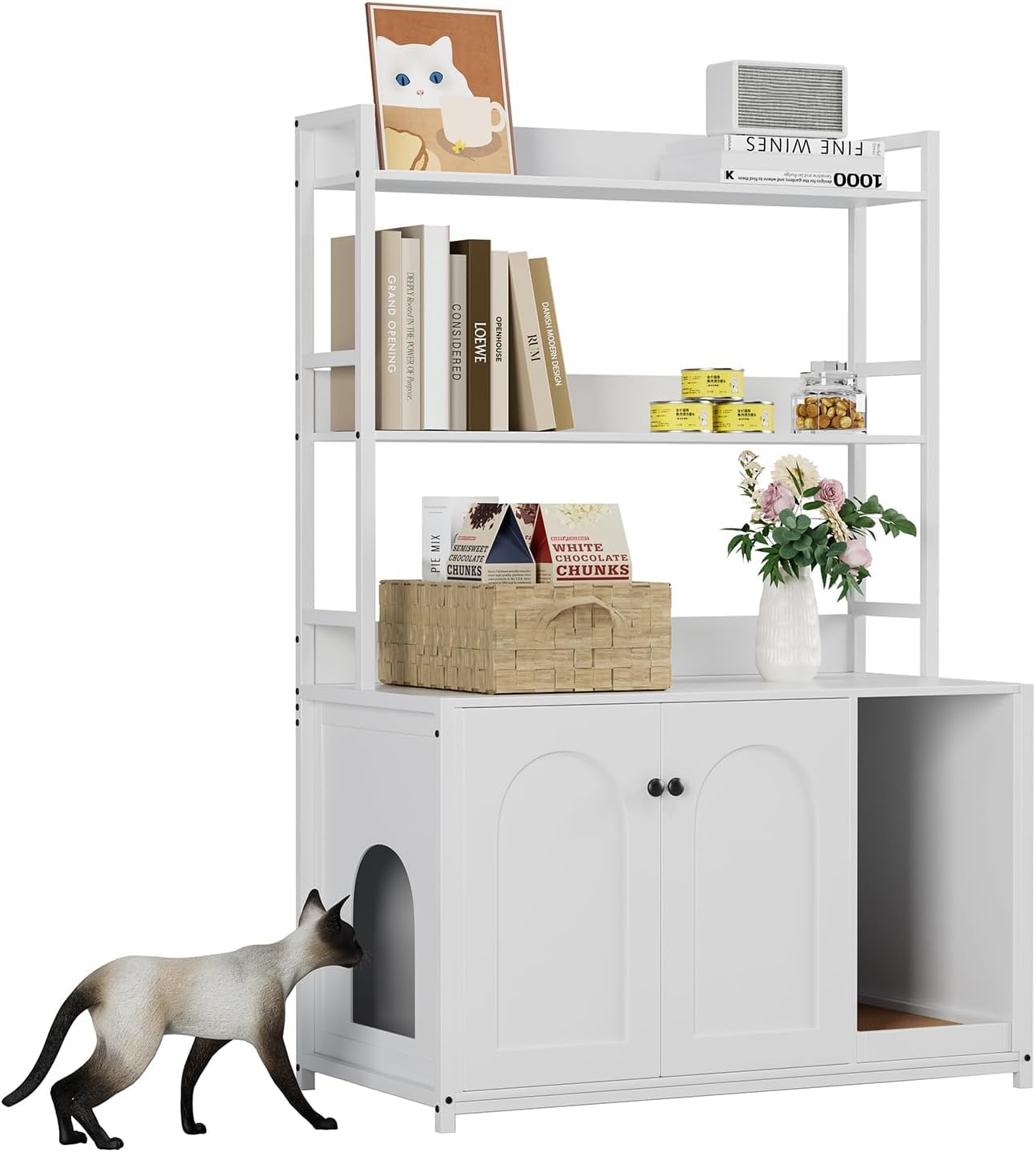 Litter Box Enclosure with 2 Storage Shelves, 52 Inch Hidden Cat Litter Box Furniture with Scratch Pad, 7 Double Doors, Indoor Cat House Kitty Box Washroom Cat Bookshelf Cabinet, White