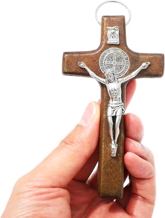 KOMI St Benedict Crucifix 4.2" Handmade Wood Wall Cross Christian Catholic Decor Wall Hanging Cross Religious Faith Gifts