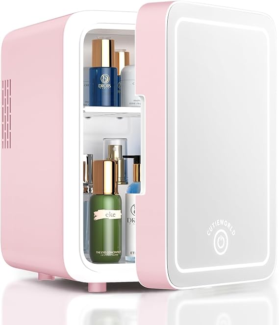 CUTIEWORLD Skincare Fridge with Dimmable LED Light Mirror, 4L Mini Fridge For Desktop, Travel or Cool & Heat, Makeup Fridge for Cosmetics, Skin Care and Food, Pink