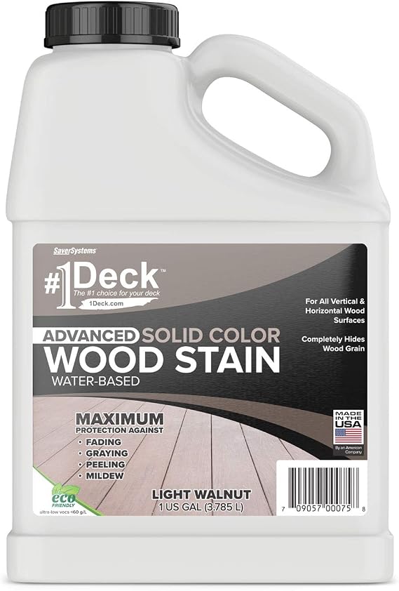 #1 Deck Premium Advanced Solid Color Outdoor Wood Stain and Sealer in One Water Based Sealant for Wood Decks, Fences, Siding - 1 Gal - Made in USA - Light Walnut