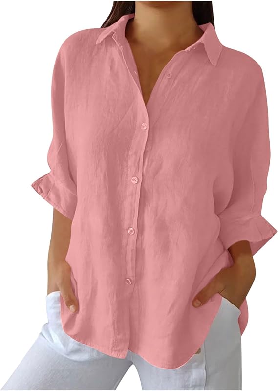 Women Button Down Shirts Cotton Linen Blouse Tops 3/4 Sleeve Gauze Collar Shirt Tunic Loose Fit Fashion Trendy Clothes