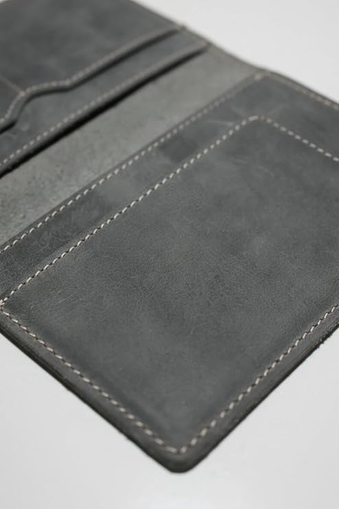 El Yapımı Hakiki Deri Pasaport Kılıfı ve Kartlık - Koyu Gri Minimalist Seyahat Cüzdanı -%100 Gerçek Crazy Horse Deri, İnce ve Şık Tasarım
