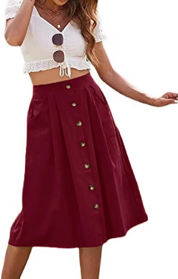 Midi Skirts for Womens High Elastic Waist Pleated A Line Midi Skirt Casual Button Front Flared Skirts with Pockets