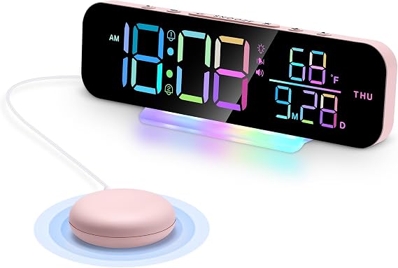 Extra Loud Vibrating Alarm Clock,Large LED Digital Display,Dual Alarms,Multiple RGB Colors,Dimmable Volume Adjustable,for Deep Sleepers and Hearing Impaired Deaf Seniors (Pink)