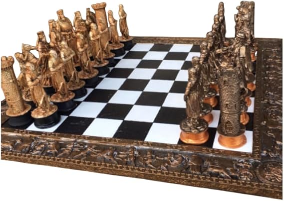 Historical Chess Set with Decorative Board, Medieval Chess Set with Detailed Warrior Pieces, Antique Look Chess Set with Medieval Figures (Object-5)