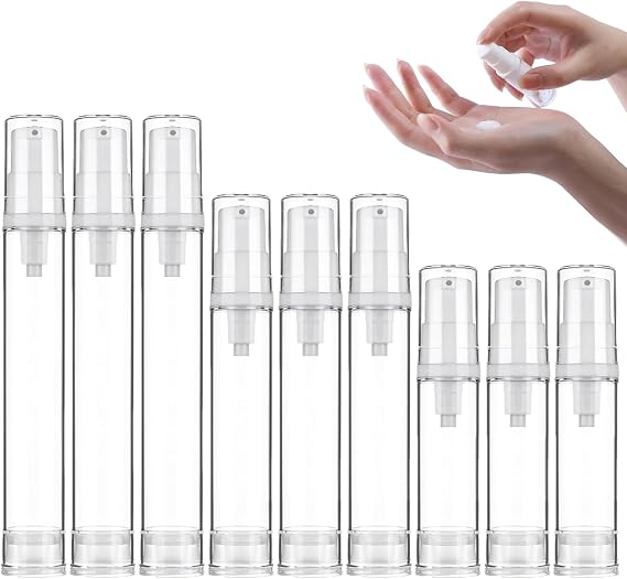 9Pcs Airless Pump Bottle,5ml 10ml 15ml Portable Cosmetic Travel Bottle