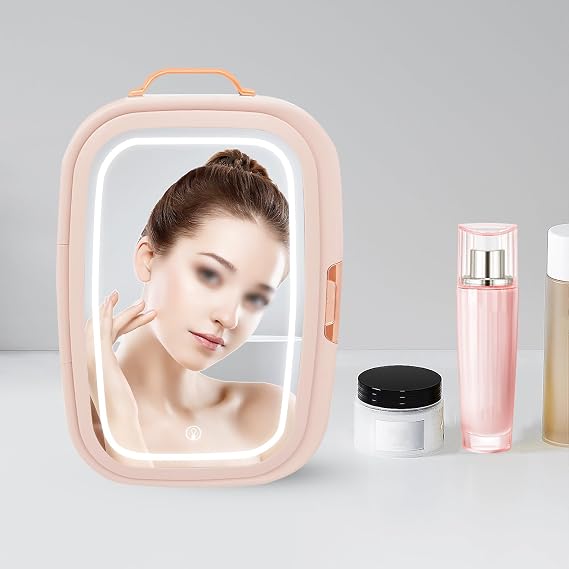 Skincare Fridge 12L/12.68Qt, Mini Cooling and Warming Cosmetics Refrigerator,Portable Makeup Fridge with Mirrored Door & LED Light, Skincare Organizer for Lipstick Mask Serum (Pink)