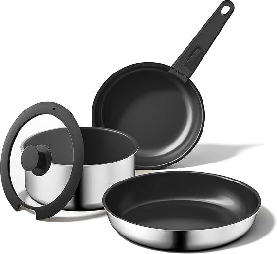 5 PCS Ceramic Cookware Set, Stainless Steel Exterior Pots and Pans Set Non Stick, 10x More Durable Super Ceramic Coating, for Induction Hob Pan Set (Black)