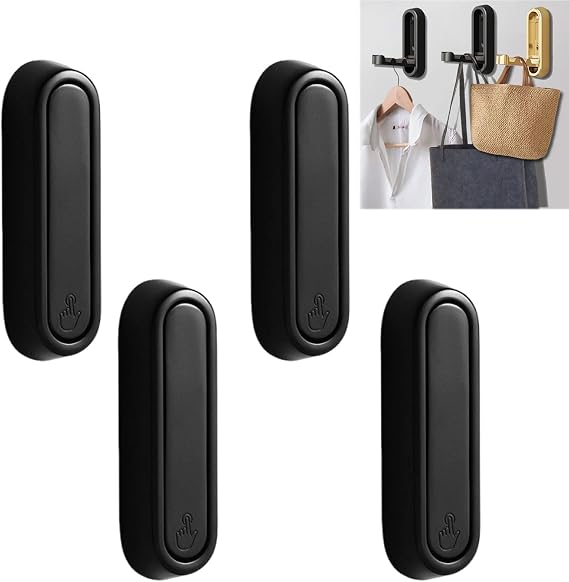 4 Pcs Folding Wall Mounted Bathroom Hooks: Retractable Folding Invisible Hooks - Ideal for Living Room, Kitchen, Bedroom - Easy to Install, Hang Towels, Coats, Hats, Jackets, Rucksacks,Keys (Black)