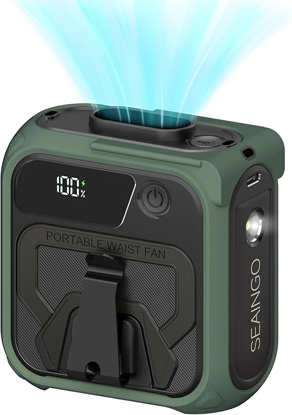 SEAINGO Portable Waist Fan Rechargeable 10000mAh, 42 ft/s Max, 5 Speeds 16000RPM, Personal Cooling Wearable Clip Body Belt Shirt Fans, Hanging Neck Fan with Light